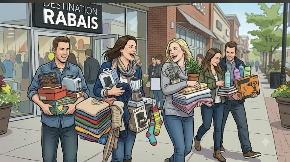 Des clients qui repartent de Destination Rabais les bras pleins d'articles à rabais
